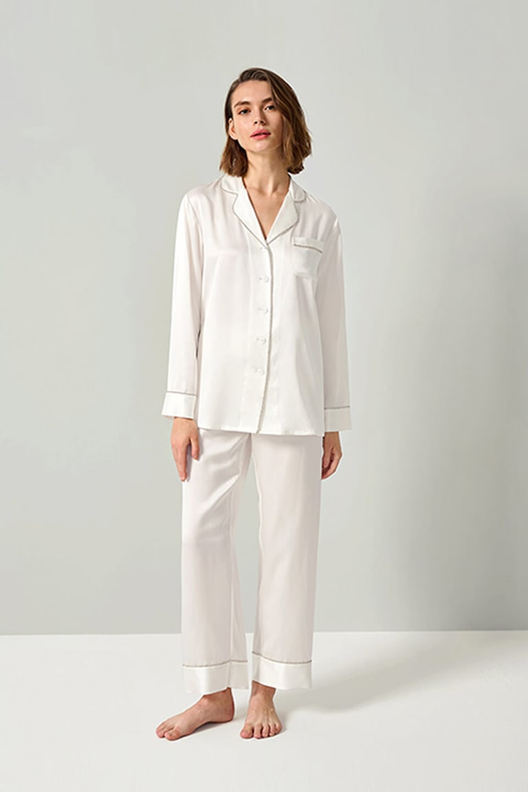 Rhinestone Trimmed Silk Women Pajamas Set