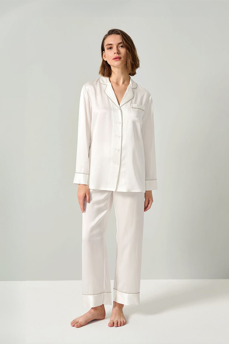 Rhinestone Trimmed Silk Women Pajamas Set