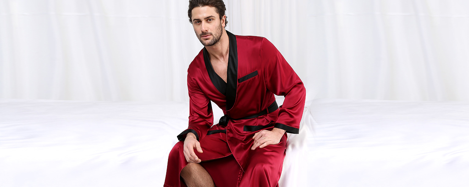 FAYBOX Men Satin Robe Long Bathrobe Lightweight Sleepwear 