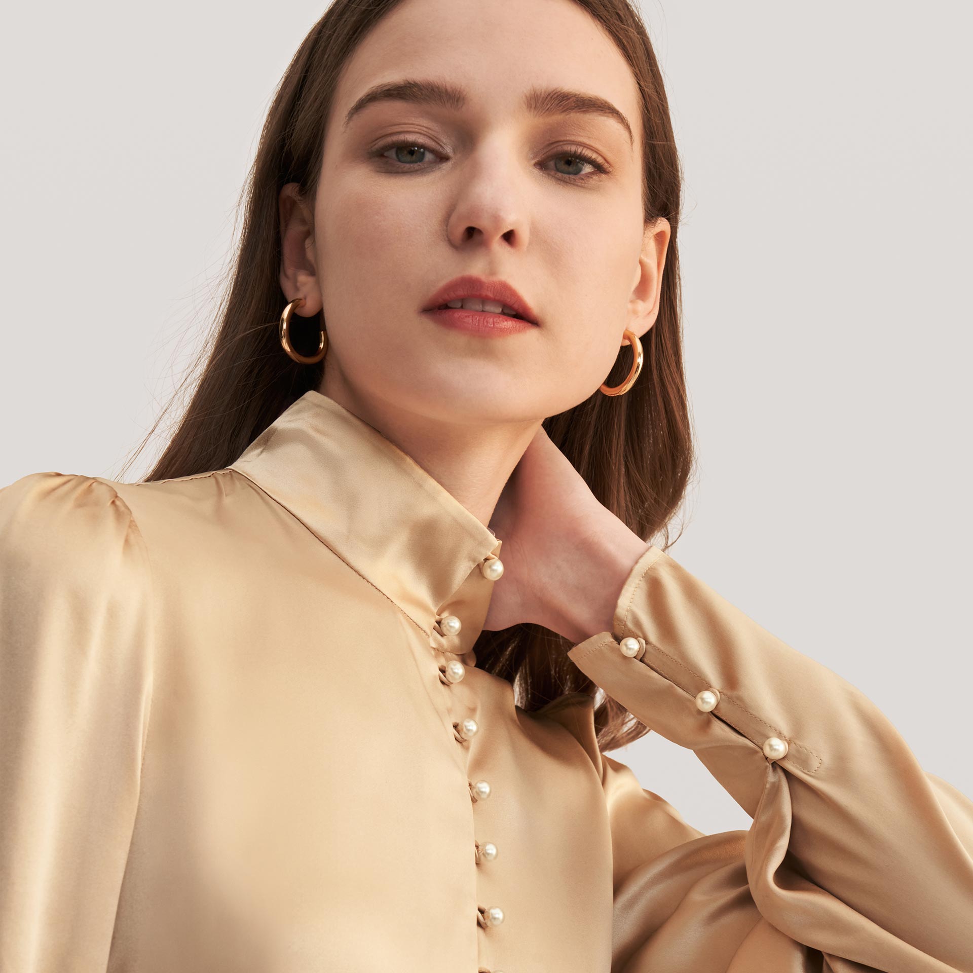 Pearl Button Mandarin Collar Stretch Silk Blouse